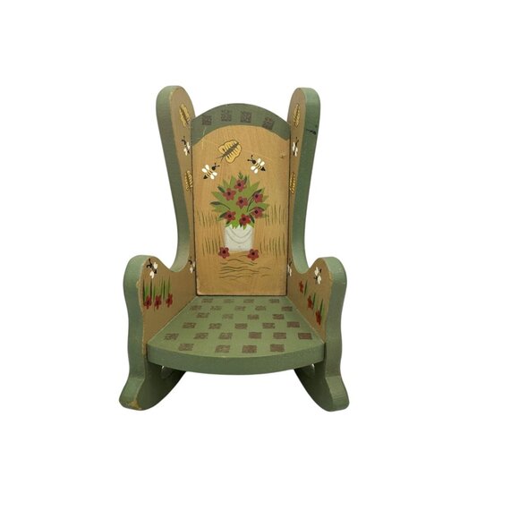 Hand-Painted Green & Beige Wooden Doll Rocking Chair - Picture 1 of 6